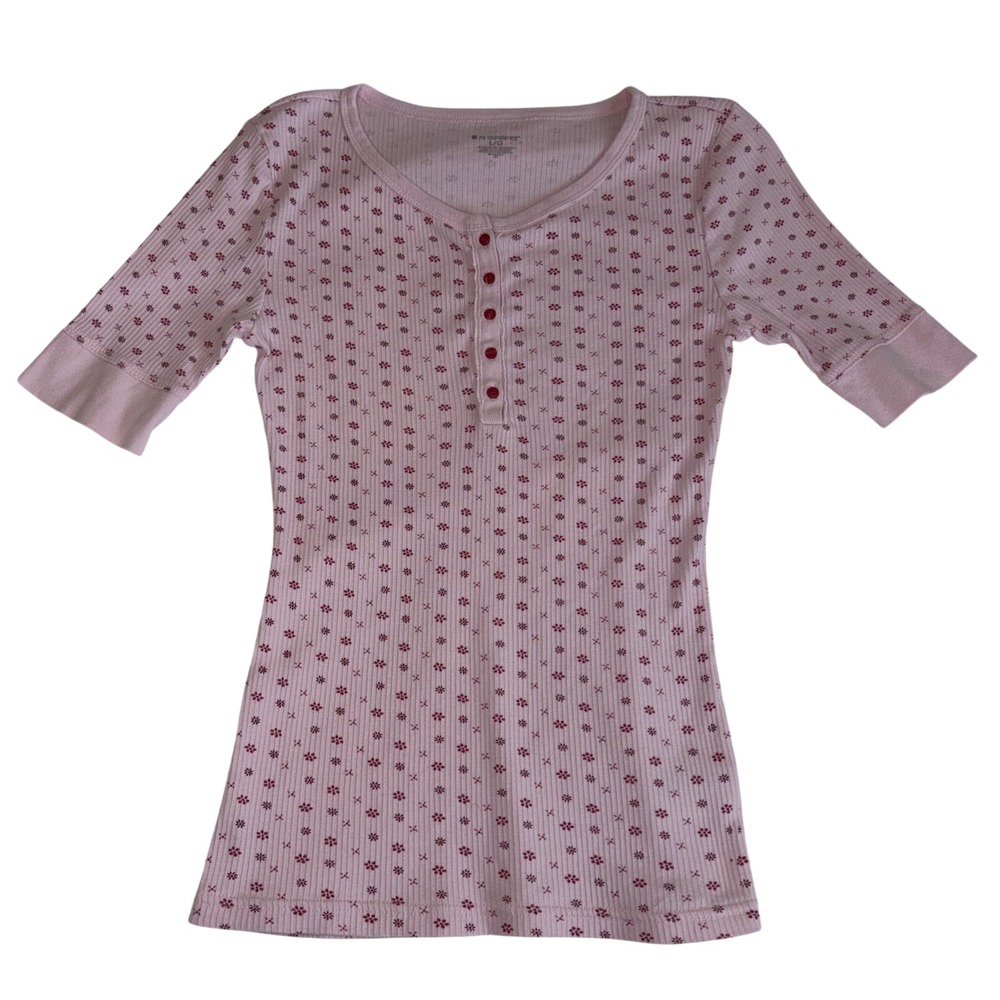 No Boundaries Women Pink Ribbed Henley Top Size Large Short Sleeve Bubblegumβ